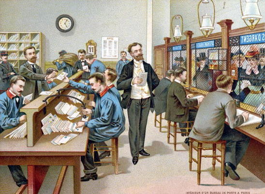 Sorting the Post in a Parisian Post Office, illustration from a Post Office calendar, 1904 (colour l from French School, (20th century)