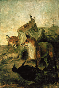 Wall picture in the yolk house in the Forstenrieder park near Munich: Foxes with bag from Friedrich Anton Wyttenbach