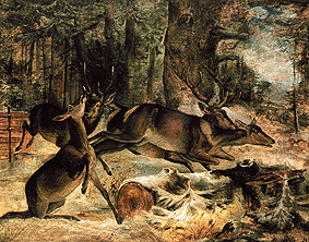 Wall picture in the yolk house in the Forstenrieder park near Munich: E red deer pack on the flight from Friedrich Anton Wyttenbach