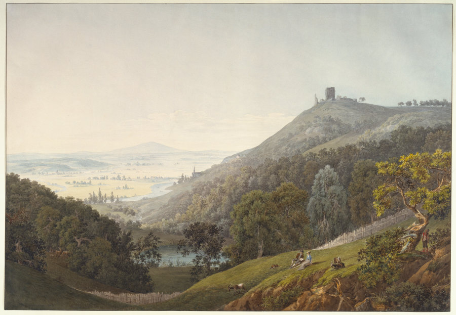 The Ruin of Kalsmunt near Wetzlar. Ruin on a Mountain, View across a Broad River Valley. A Couple Re from Friedrich Christian Reinermann