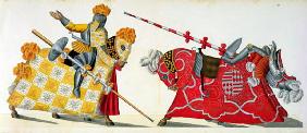 Two knights at a tournament, plate from 'A History of the Development and Customs of Chivalry', by D