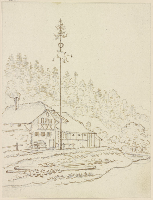 Bauernhäuser am Waldrand, davor ein Maibaum from Friedrich Wilhelm Hirt