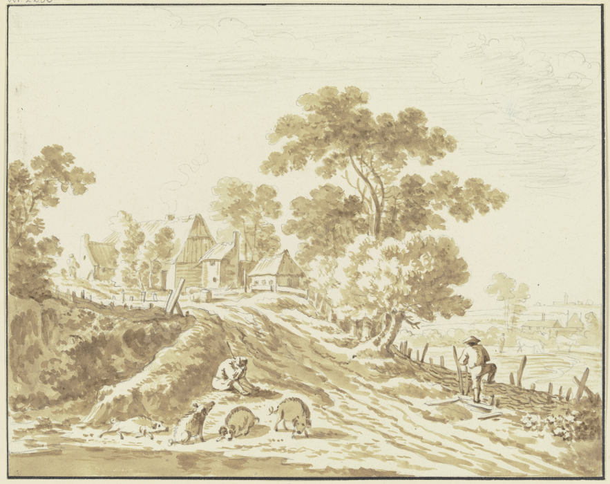 Bauernhof, im Vordergrund ein Hirte mit Schweinen from Friedrich Wilhelm Hirt
