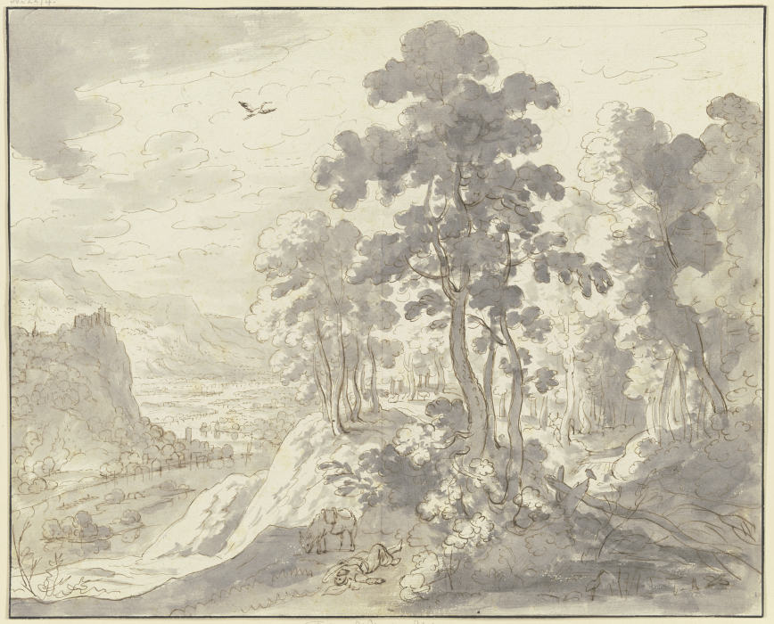 Fluß zwischen hohen Bergen, im Vordergrund ein gestürzter Mann und ein Esel from Friedrich Wilhelm Hirt