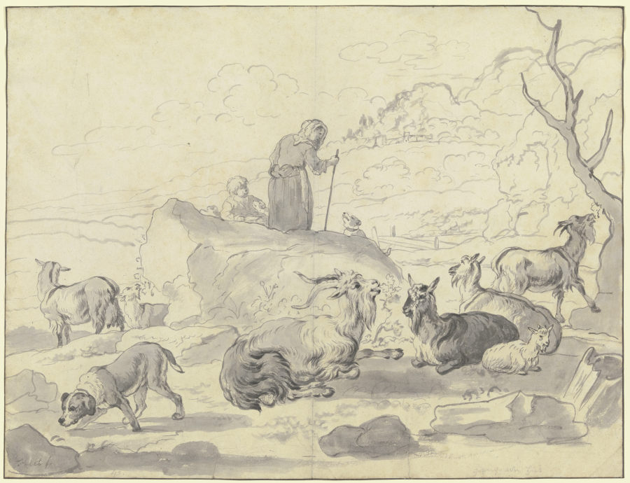 Ziegenherde mit einem Hund, hinter einem Felsblock eine alte Hirtin mit einem Kind from Friedrich Wilhelm Hirt