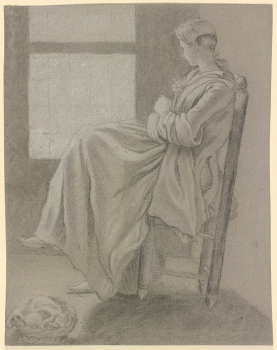 Sitzendes Mädchen am Fenster, nach links schauend, im Vordergrund links steht ein Korb auf dem Boden from Friedrich Ludwig Hauck