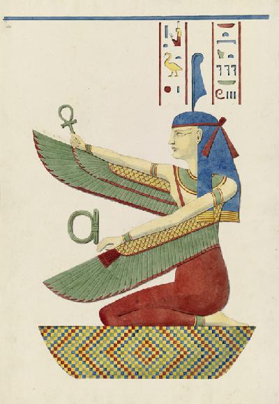 Die ägyptische Göttin Maat sowie Hieroglyphen