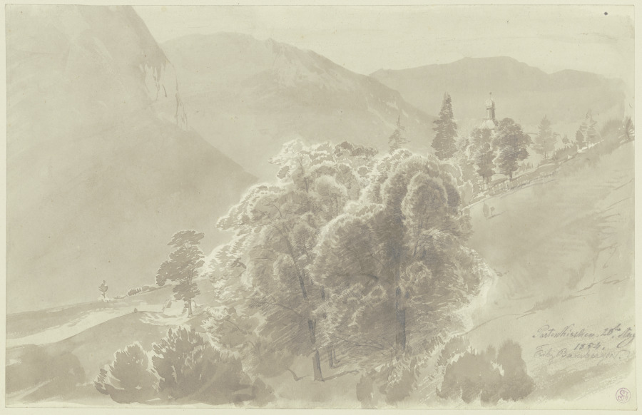 Gebirgslandschaft, im Vordergrund Baumgruppe, aus der ein Kirchturm hervorsieht from Fritz Bamberger