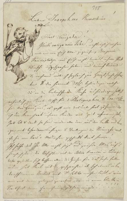 Neujahrsbrief des Künstlers mit der Randskizze eines tanzenden feisten Mann mit Sektflöte und Zigarr from Fritz Bamberger