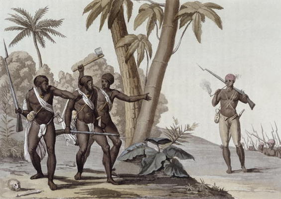 Freed slaves hunting down escaped slaves in Surinam, Guiana, illustration from 'Le Costume Ancien et from G. Bramati