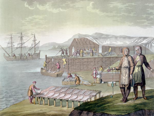 The fishing industry, Newfoundland, from 'Le Costume Ancien et Moderne', Volume II, plate 36, by Jul from G. Bramati