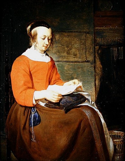 A young woman seated in an interior, reading a letter from Gabriel Metsu