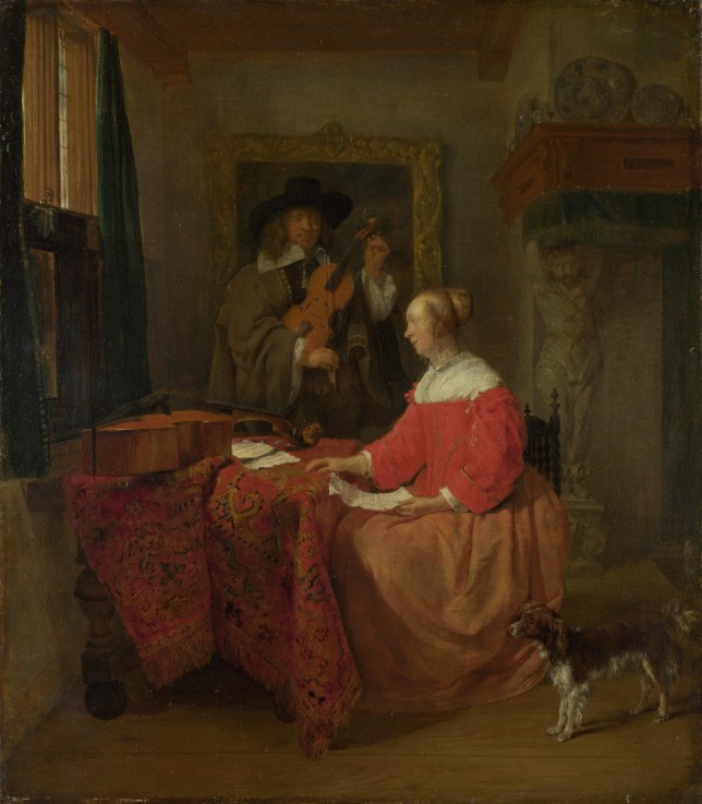 A Woman seated at a Table and a Man tuning a Violin from Gabriel Metsu