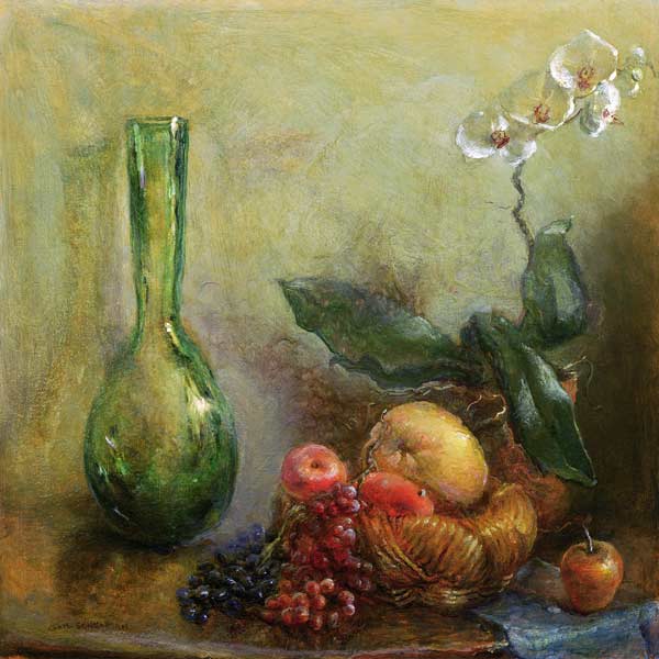 Orchid with Basket of Fruit and Green Vase (oil on canvas)  from Gail  Schulman