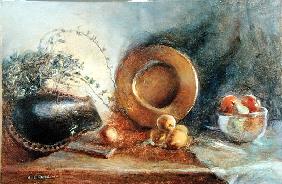 Brass Plate with Fruit and Black Wooden Bowl (oil on canvas) 