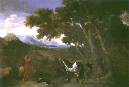 Eremiten lecturing the animals on landscape with one from Gaspard Dughet