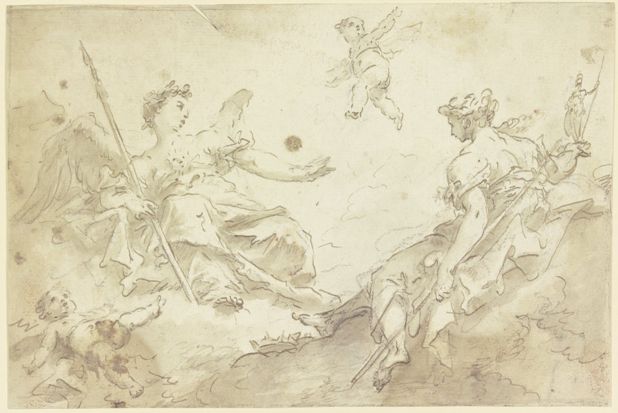Zwei allegorische Frauenfiguren mit Putten auf Wolken (Virtù und Nobilità) from Gaspare Diziani