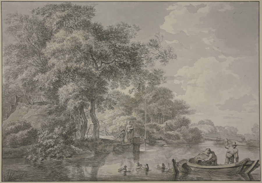 Baumpartie mit Fischerhütten an einem Fluss, rechts im Vordergrund ein Kahn mit zwei Männern, die Re from Geerlig Grijpmoed