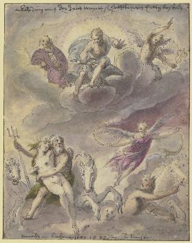 Neptun und Amphitrite mit Seegöttern, Pferden und der schwebenden Fama, in den Wolken Jupiter, Merku