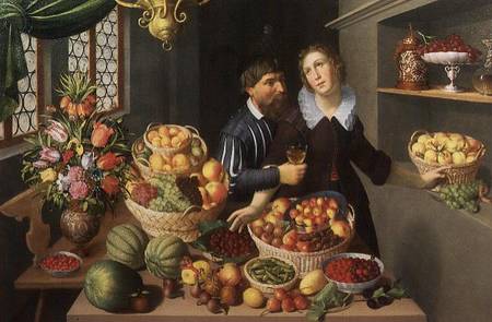 Man and Woman Before a Table Laid with Fruits and Vegetables from Georg Flegel