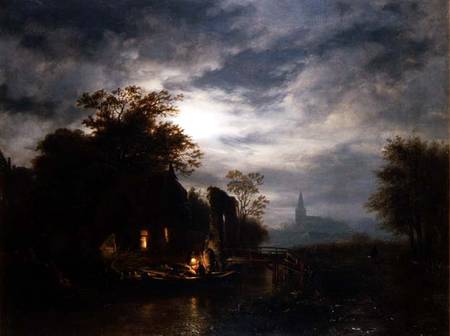 Moonlit river scene with figures unloading a boat from Georg Gillis van Haanen