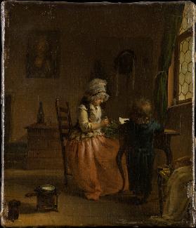 A Woman and a Boy at a Table