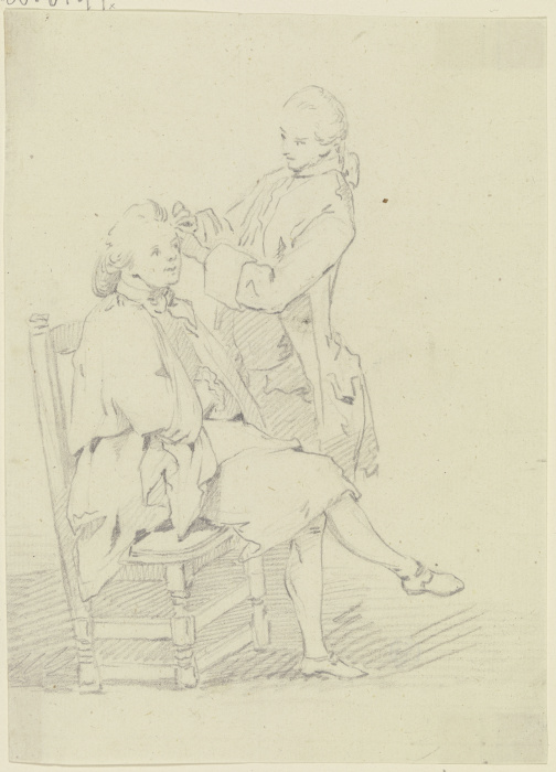 Auf einem Stuhl sitzender junger Mann, der von einem stehenden Mann frisiert wird from Georg Melchior Kraus
