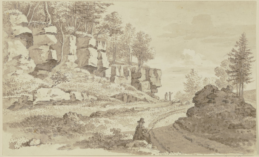 Baumbestandene Felspartie links neben einem Weg, im Vordergrund in Rückenansicht eine Zeichnerin from Georg Melchior Kraus