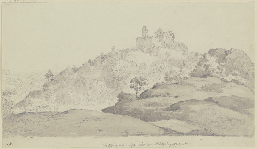 Blick auf die Wartburg von einer hügeligen Gegend aus, über der sich der Berg mit der Burg erhebt from Georg Melchior Kraus