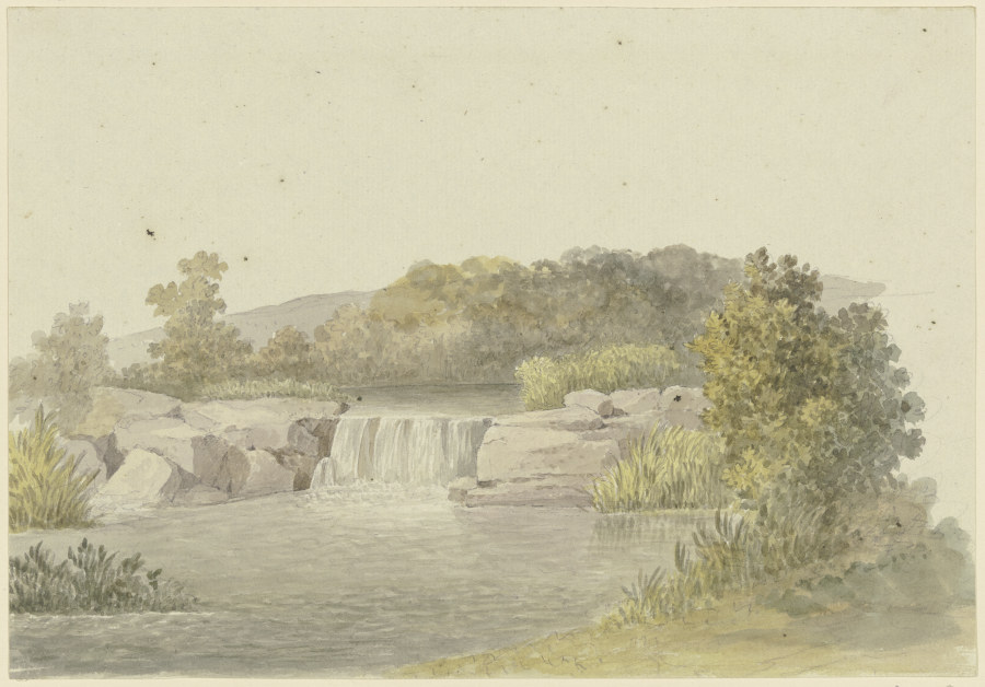 Ein Fluß mit einem niedrigen Wasserfall, im Hintergrund waldiges Ufer from Georg Melchior Kraus