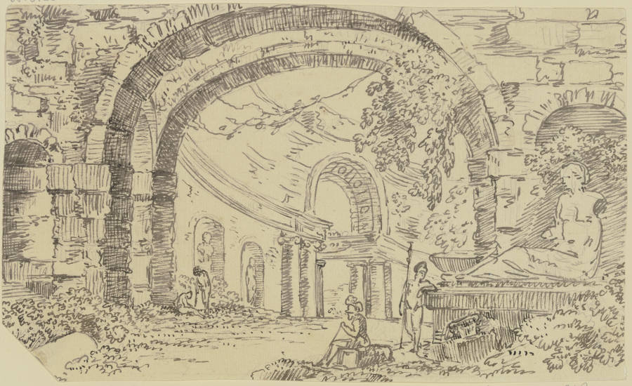 Römische Ruinen mit Bogen und Nischen, im Vordergrund zwei Krieger, rechts ein Monument mit einer si from Georg Melchior Kraus
