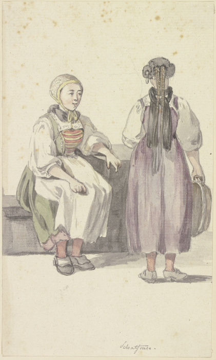 Zwei junge Bäuerinnen in Schaffhausen, die linke sitzend, die rechte in Rücknansicht stehend from Georg Melchior Kraus