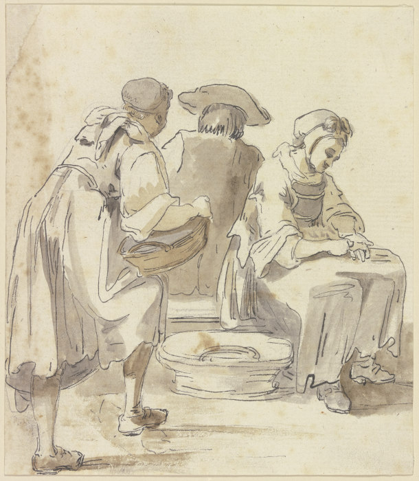 Zwei Wäscherinnen und ein vom Rücken gesehener sitzender Mann from Georg Melchior Kraus