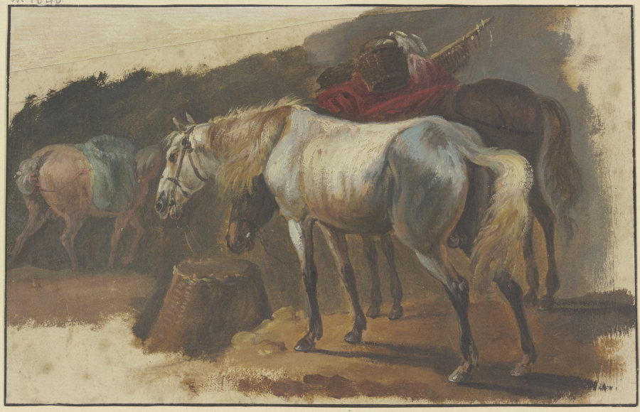 Ein Schimmel und ein bepackter Brauner an einem Korb stehend, im Hintergrund ein drittes Pferd mit b from Georg Philipp Rugendas d. Ä.