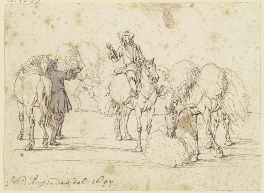 Zwei furagierende Reiter mit drei Pferden from Georg Philipp Rugendas d. Ä.