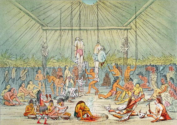 Mandan ceremony (colour litho) from George Catlin