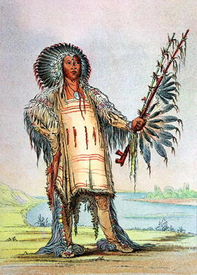 Mandan Indian Ha-Na-Tah-Muah, Wolf chief (colour litho) from George Catlin