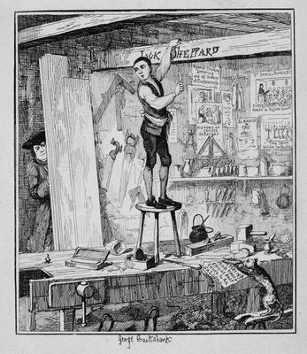 Jack carves his name on a beam in the shop of his former employer, illustration from 'Jack Sheppard: from George Cruikshank