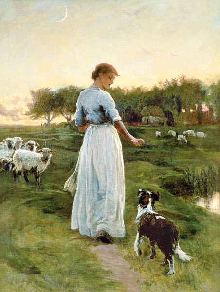 A Shepherdess with her Dog and Flock in a Moonlit Meadow from George Faulkner Wetherbee