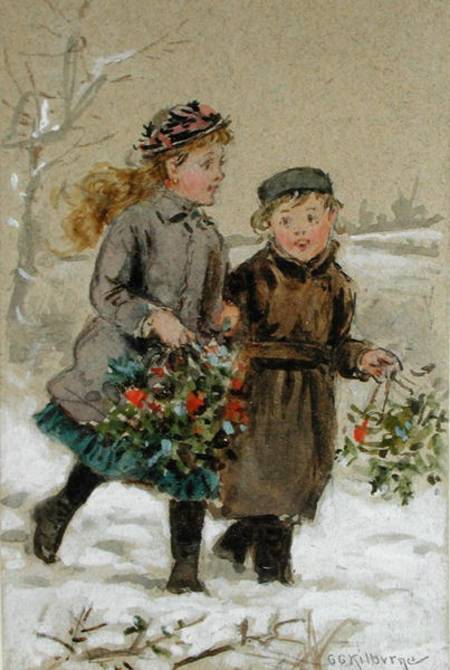 Children Playing in the Snow - Collecting Holly (w/c heightened with white on paper) from George Goodwin Kilburne
