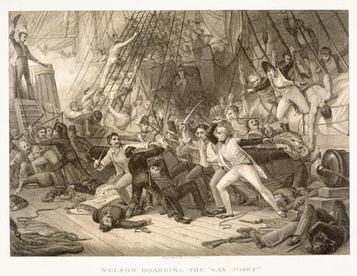 Horatio Nelson boarding the San Josef at the Battle of Cape St Vincent, 14th February 1797 (engravin from George Jones