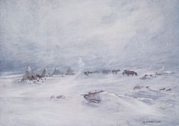 A Blizzard on the Barrier, illustration from ''Nimrod in the Antarctic 1907-09'' written by Sir Erne from George Marston