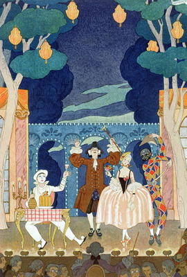 Pantomime Stage, illustration for 'Fetes Galantes' by Paul Verlaine (1844-96) 1924 (pochoir print) from Georges Barbier