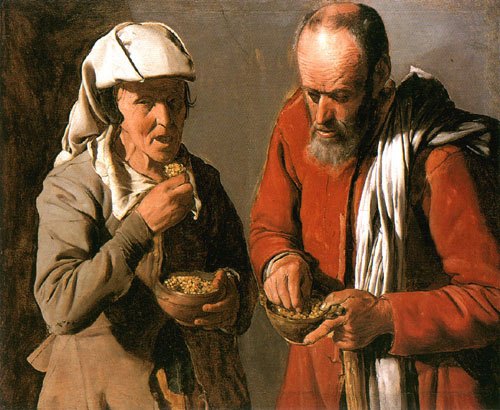 Old smallholder couple eating from Georges de La Tour