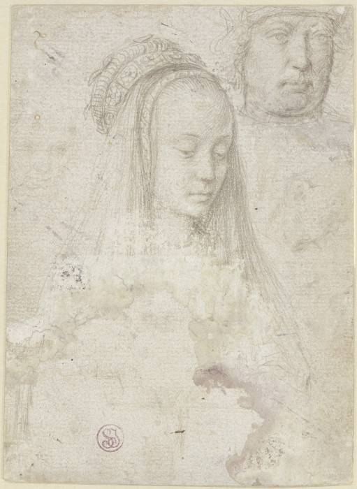 Skizzenbuchblatt mit den Köpfen einer jungen Frau und von vier Männern sowie Skizze einer Stadtsilho from Gerard David