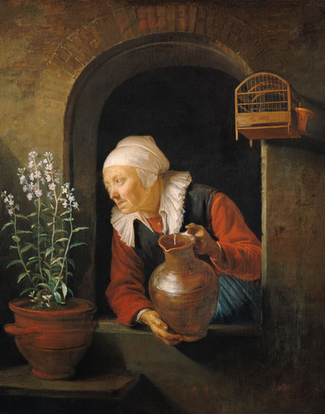 At the window, flowers pouring water on old woman. from Gerard Dou