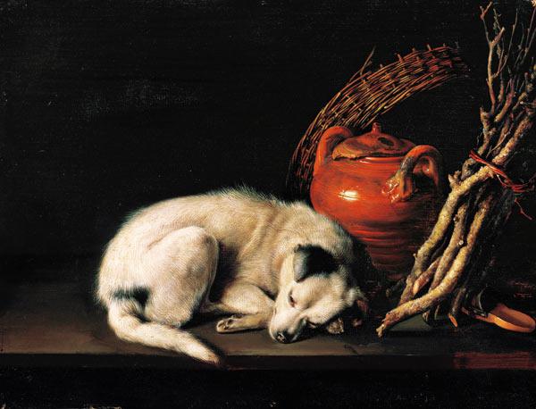 Ein schlafender Hund neben einem Terrakottakrug, einem Korb, einem Paar Clogs und Zündholz