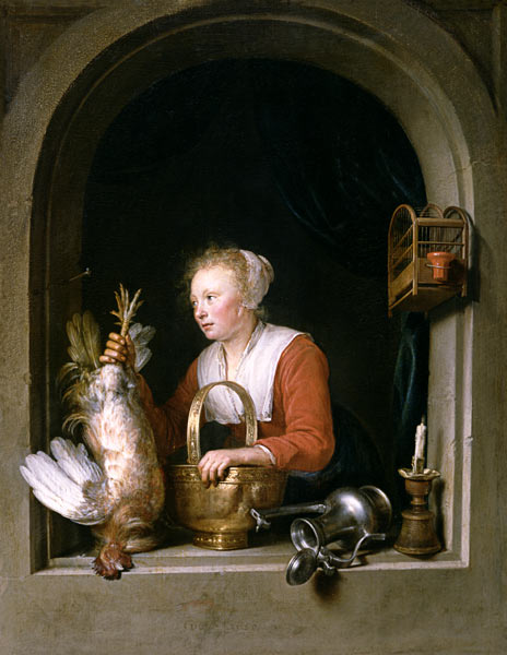 The Dutch Housewife or, The Woman Hanging a Cockerel in the Window from Gerard Dou