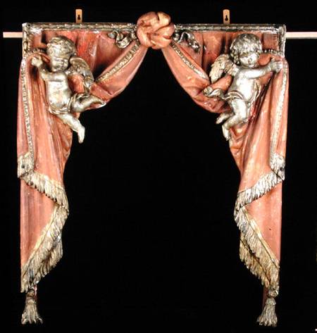 Pair of Putti supporting curtains from German School