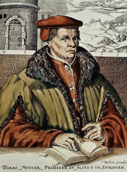 Thomas Muntzer, c.1600 (hand coloured woodcut) from German School